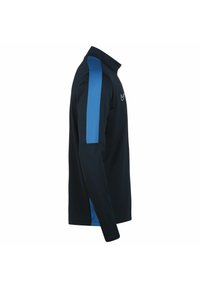 Marineblaue Langarmbluse mit hohem Kragen, die blaue Seitenpaneele und ein kleines weißes Logo auf der oberen Brustseite aufweist. Glatte Stofftextur.