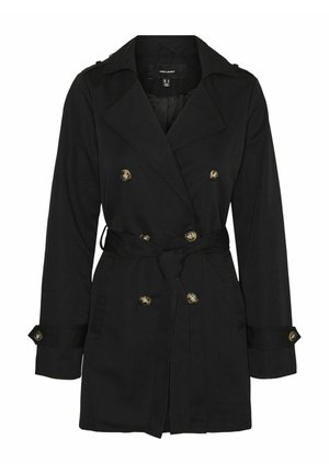 Sort dobbeltradet trenchcoat med brede revers, bælte om taljen bundet foran, manchetter med knapper og seks knapper i skildpadde-stil.