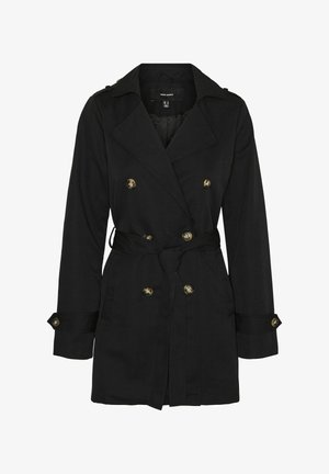 Svart dobbelspent trenchcoat med brede slag, midjebelte knytt foran, knappede mansjetter og seks knapper i skilpaddeskallstil.