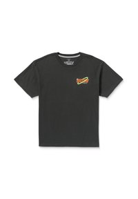Schwarzes Baumwoll-T-Shirt mit kurzen Ärmeln. Mit einem bunten "VOLCOM"-Logo auf der linken Brust. Klassischer Rundhalsausschnitt, lockere Passform.