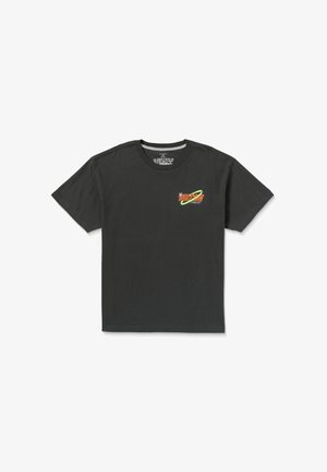 Schwarzes Baumwoll-T-Shirt mit kurzen Ärmeln. Mit einem bunten "VOLCOM"-Logo auf der linken Brust. Klassischer Rundhalsausschnitt, lockere Passform.