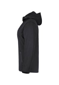 Giacca softshell nera con cappuccio, dotata di una tasca laterale con zip e polsini elasticizzati. Texture liscia e design aderente.