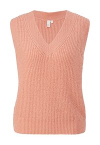 Weicher rosa gestrickter ärmelloser Pullover mit V-Ausschnitt, strukturiertem Muster und gerippten Kanten, mit einem Etikett im inneren Ausschnitt.