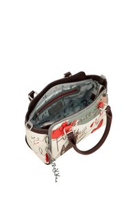 Mehrfarbige Handtasche mit beigem Außenmaterial, das rote und graue Muster aufweist. Braune Lederakzente, doppelte Griffe und ein Innenfach mit Reißverschluss.