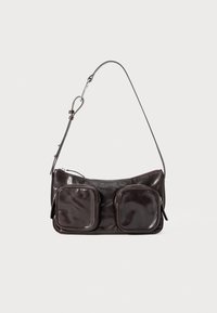 Black leather shoulder bag with two zippered front pockets, smooth texture, curved shape, and a thin adjustable strap.