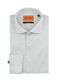 Lichtgrijze gebreide shirt met een klassieke kraag, voorzien van een enkele pocket en witte knopen. Label toont "SUITABLE." Geweven stof.