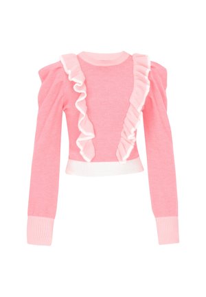 Rosa Pullover mit langen Ärmeln, der weiße Rüschendetails entlang der Vorderseite und Schultern aufweist. Gerippte Bündchen und Saum sorgen für Formbeständigkeit.