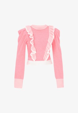 Pulover roz cu mâneci lungi, având accente albe cu volane pe partea din față și umeri. Mansete și tiv striat pentru menținerea formei.