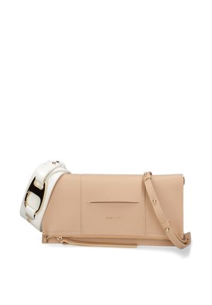Beige rectangular crossbody bag with slim front pocket and adjustable strap, featuring a wide white shoulder strap with gold buckle details.