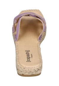 Espadrille sandal with a woven jute sole, a natural fabric base, and lavender fabric straps. Features stitched detailing and a flat design.