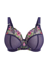 Paarse bh met bloemachtige borduursels in roze en groen, met een doorschijnend mesh ontwerp, verstelbare sp straps en onderbedekking voor ondersteuning.