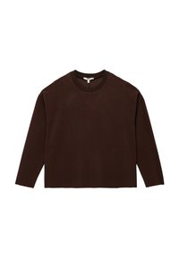 Suéter marrón de manga larga y cuello redondo, hecho de un suave tejido de punto. Presenta un corte relajado y un cuello y dobladillo de canalé. Diseño simple sin patrones adicionales.