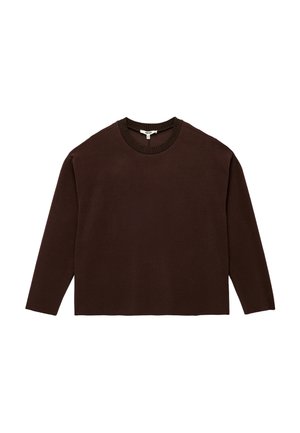 Suéter marrón de manga larga y cuello redondo, hecho de un suave tejido de punto. Presenta un corte relajado y un cuello y dobladillo de canalé. Diseño simple sin patrones adicionales.