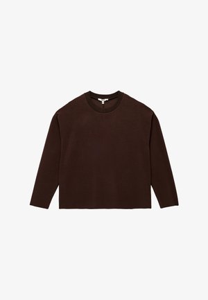 Brauner, langärmeliger Pullover mit Rundhalsausschnitt aus weichem Strickstoff. Besitzt einen legeren Schnitt sowie ein geripptes Hals- und Saumband. Einfaches Design ohne zusätzliche Muster.