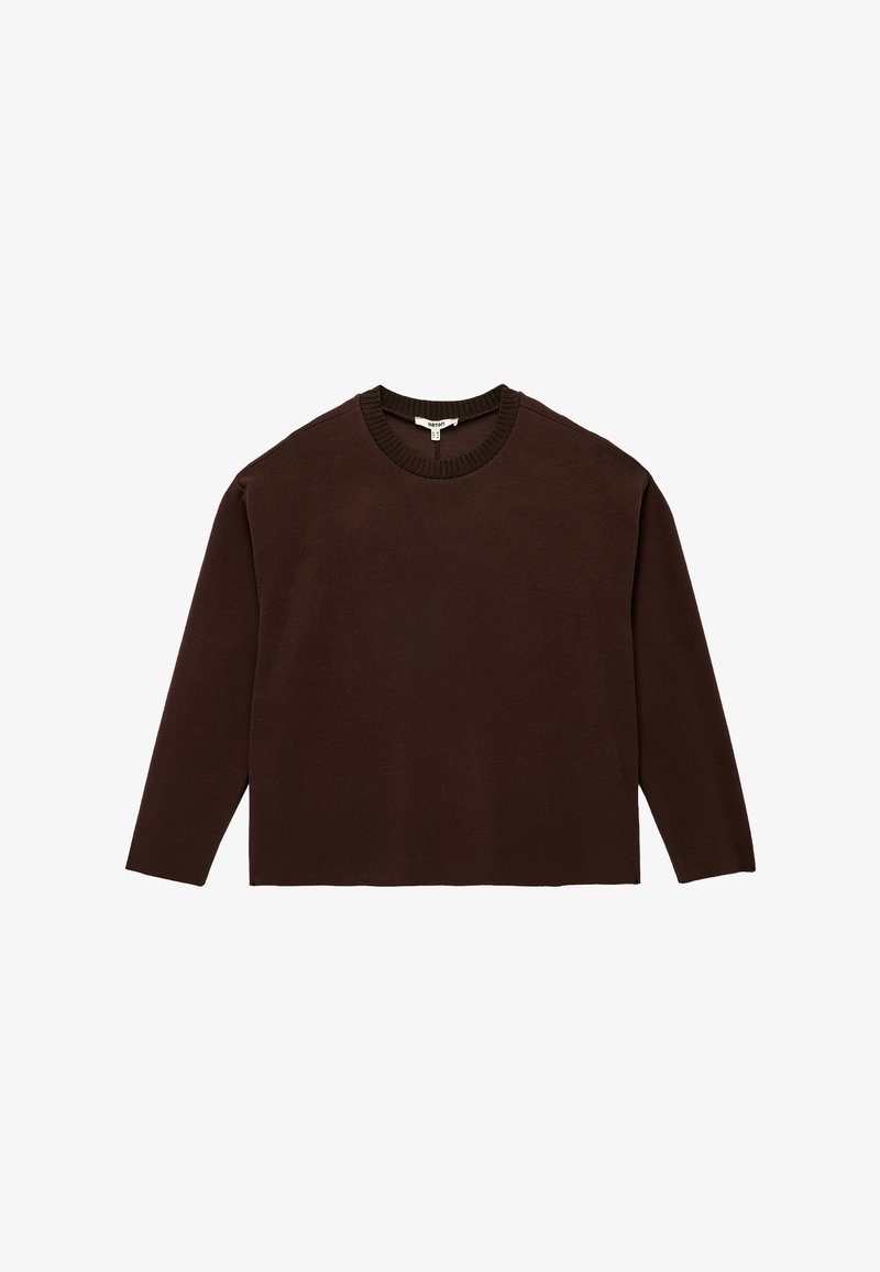 Brauner, langärmeliger Pullover mit Rundhalsausschnitt aus weichem Strickstoff. Besitzt einen legeren Schnitt sowie ein geripptes Hals- und Saumband. Einfaches Design ohne zusätzliche Muster.