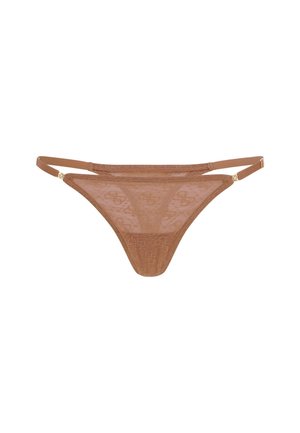 Lace thong in a warm brown hue featuring thin straps and a subtle logo pattern. Detailed with golden hardware accents.