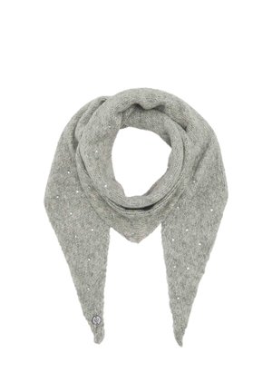 Soft grey knitted triangular scarf with small white beads and a round metal tag on one pointed end.