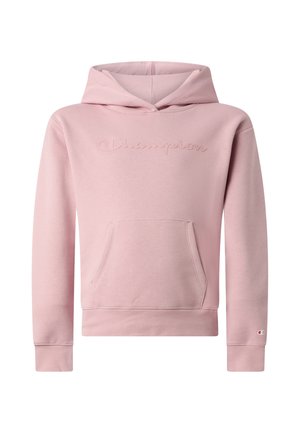 Jasnoróżowa bluza z kapturem Champion z przednią kieszenią kangurzą, tłoczonym logo na piersi oraz małym logo na mankiecie lewej rękawki.