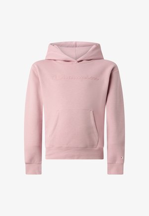 Lichtroze Champion hoodie met voorvak, geperst logo op de borst en klein logo op de linker mouwboord.