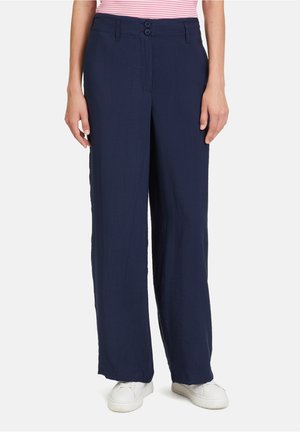 Marineblau weite Hosen aus leichtem Stoff, mit zwei vorderen Knöpfen, flachem Bund und entspannter Passform.