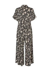 Zwart en crèmekleurige jumpsuit met korte mouwen, een kraag en een tropisch bladerenpatroon. Losse, wijde pasvorm, gladde textuur.