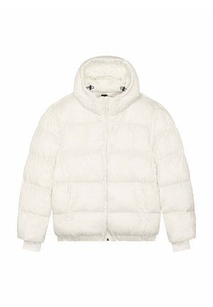 Giacca imbottita bianca con collo alto, chiusura frontale con cerniera e polsini a coste. Presenta due tasche laterali e una texture liscia.