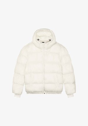 Valge polsterdatud jakk kõrge kraega, ees tõmblukuga sulgemine ja soonikkoes varrukasäärtega. Omab kahte küljetaskut ja siledat tekstuuri.