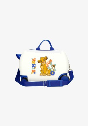 Maleta rígida blanca para niños con asas, ruedas y correa azules, que presenta un dibujo animado sonriente de Simba y diseños coloridos de hojas y flores.
