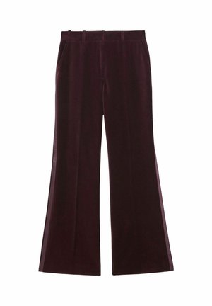 Pantaloni a gamba larga in velluto bordeaux con una texture liscia, dotati di tasche laterali e un design della vita classico.