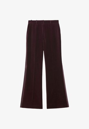 Burgundské sametové nohavice s širokými nohavicami a hladkým povrchom, so bočnými vreckami a klasickým dizajnom pásu.