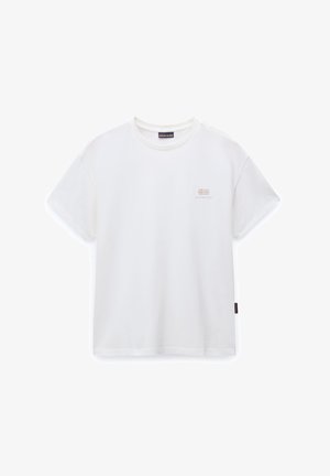 Bílý bavlněný tričko s kulatým výstřihem, krátkými rukávy a malým vyšívaným logem na levé straně hrudi. Hladká textura, běžné střih.