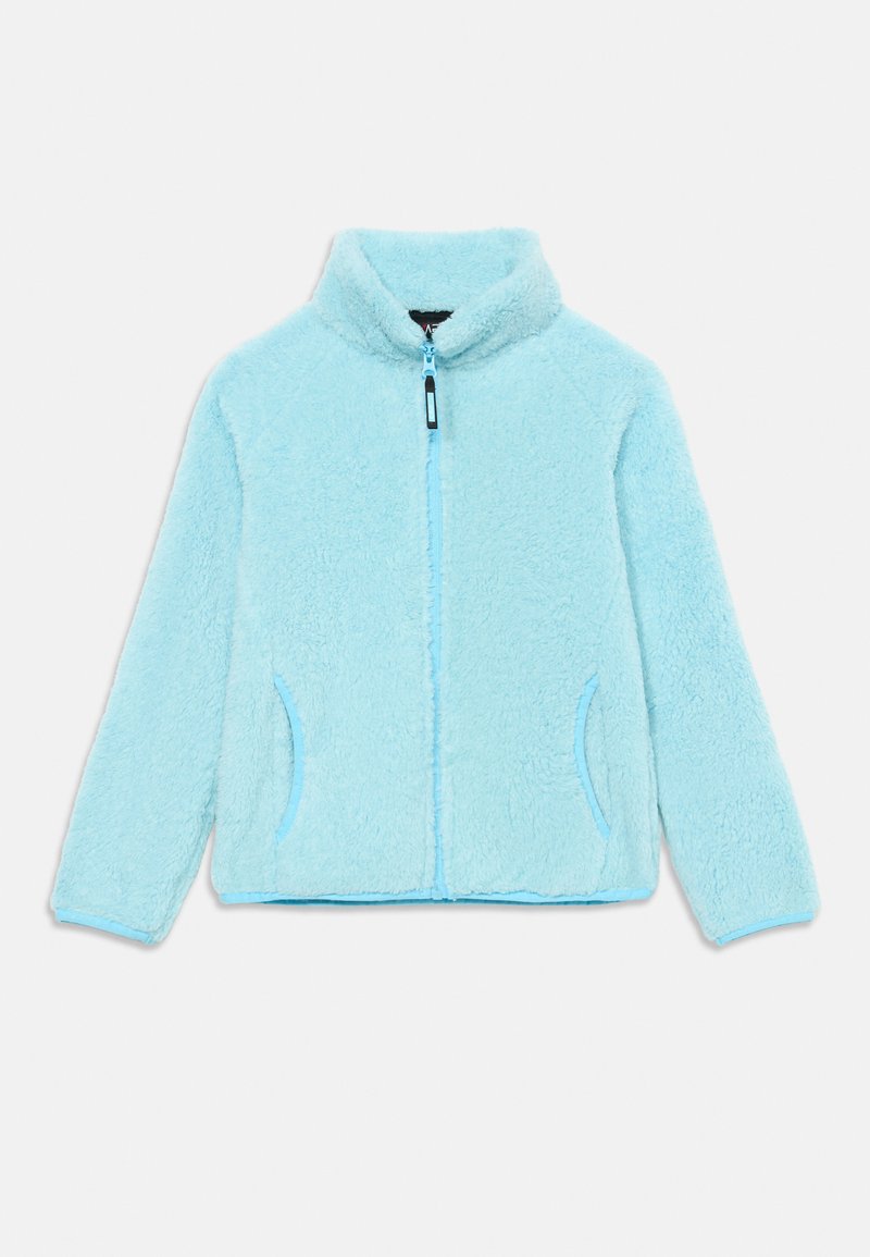 Casaco de fleece azul claro com gola alta, fecho frontal e bolsos laterais. Apresenta uma textura suave e um acabamento azul em contraste ao longo das bordas.