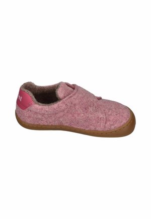 Low-top pink wool slipper with a brown rubber sole and a strap closure, designed for indoor comfort and warmth.