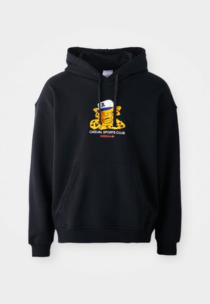 Sweatshirt à capuche noire en coton, présentant un graphique coloré d'un personnage portant une casquette. Comprend une poche kangourou à l'avant et des poignets côtelés.