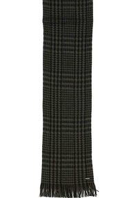 Sciarpa intrecciata con motivo pied de poule in nero e verde scuro, caratterizzata da bordi sfrangiati e una finitura morbida e testurizzata.
