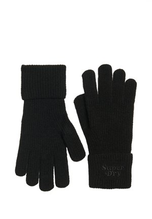 Para czarnych dzianinowych rękawiczek z prążkowymi mankietami, jeden mankiet haftowany logo "Super Dry".