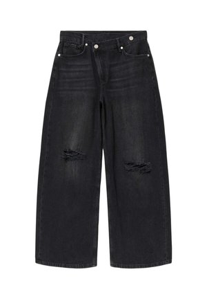 Zwarte jeans met wijde pijpen, versleten scheuren op beide knieën, knoop- en ritssluiting aan de voorkant, en ontwerp met vijf zakken.