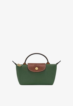 Green nylon handbag with a brown leather flap, gold hardware, and a short handle. Features a textured surface and a structured shape.