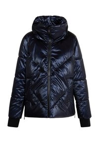 Giacca puffer navy con texture lucida e trapuntata, cappuccio e zip frontale. Presenta polsini elasticizzati e un moderno motivo a zigzag.