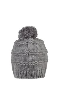 Grey knitted beanie with a textured pattern, featuring a fluffy pom-pom on top and a ribbed cuff at the bottom. Soft, warm material.
