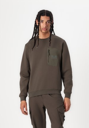 Olivgrüner Sweatshirt aus einem weichen, strukturierten Stoff mit einer Reißverschlusstasche auf der Brust und einem Logodetail. Enganliegende Bündchen und Saum.