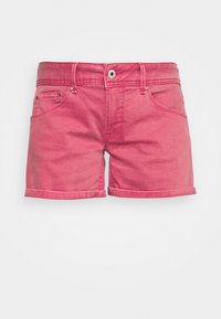 Shorts en denim rose avec un design classique à cinq poches, revers retroussés et fermeture à bouton. Texture lisse avec une décoloration minimale.