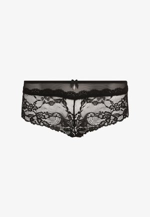 Zwarte kanten slips met bloemenpatroon, semi-doorzichtig materiaal, gegolfde randen en een klein strikje aan de voorkant in het midden.