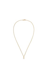 Guldtonet kædnecklace med en delikat, rund perleanhænger. Har en slank, skinnende tekstur og en simpel lås.