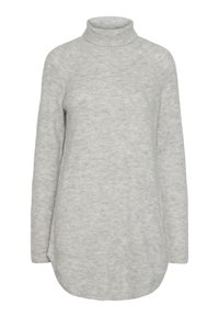 Gaiši pelēks, ar garām piedurknēm, adīts augstas apkakles džemperis ar noapaļotu apakšu un mīkstu, ērtu tekstūru.