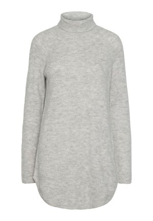 Lys grå langermet strikket genser med høy hals, avrundet kant og mykt, koselig stoff.