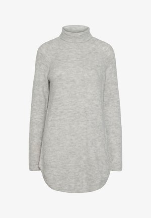 Lys grå langermet strikket genser med høy hals, avrundet kant og mykt, koselig stoff.