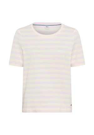 Kurzärmeliges, hellcremefarbenes T-Shirt mit dezenten horizontalen lavendelfarbenen Streifen und rundem Ausschnitt.