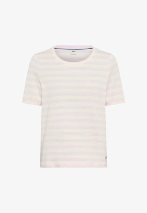 Kurzärmeliges, hellcremefarbenes T-Shirt mit dezenten horizontalen lavendelfarbenen Streifen und rundem Ausschnitt.
