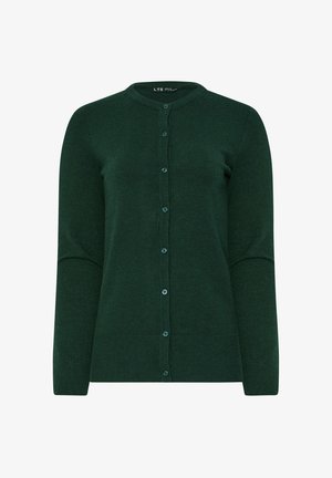 Tummanvihreä neulecardigan, jossa on pitkät hihat, pyöreä pääntie ja etuvetoketju seitsemällä napilla.